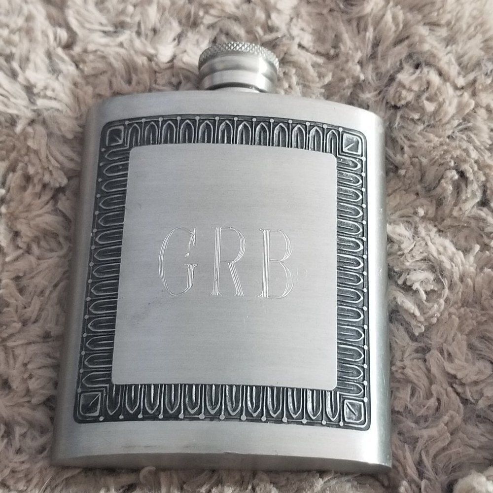Vintage Siam Thailand Pewter Flask Heavy GRB Initials Hiking Skiing